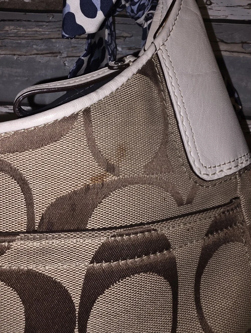 Coach Brown Signature Canvas Shoulder Bag with Cream and Navy Accents